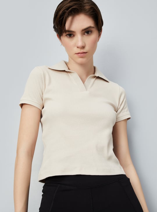 Women Ribbed Athleisure Polo T-shirt