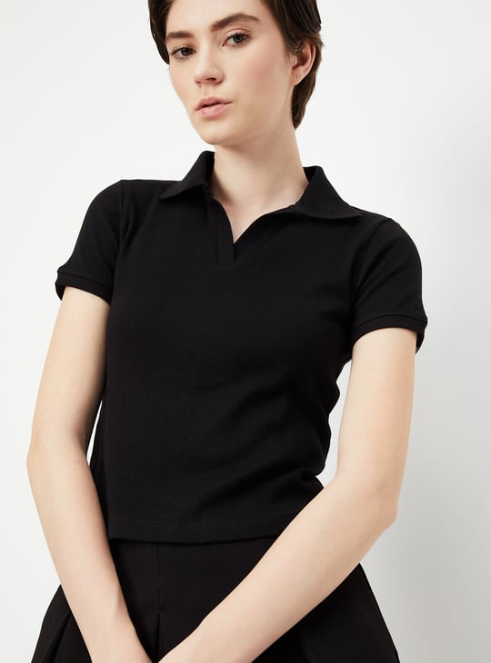 Women Ribbed Athleisure Polo T-shirt