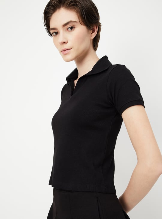 Women Ribbed Athleisure Polo T-shirt