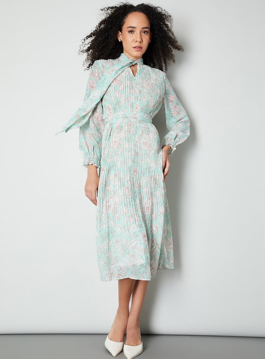 Women Floral Print Pleated Midi Dress