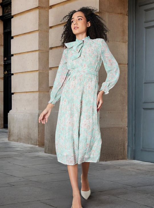 Women Floral Print Pleated Midi Dress