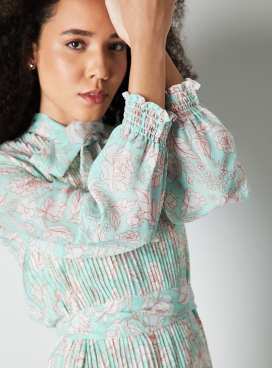 Women Floral Print Pleated Midi Dress