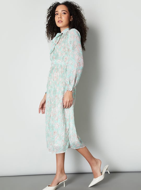 Women Floral Print Pleated Midi Dress