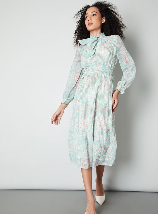 Women Floral Print Pleated Midi Dress