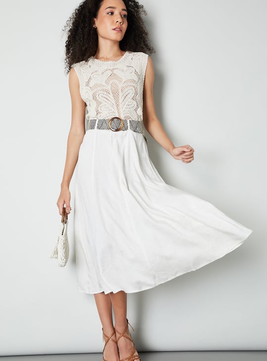 Women Solid A-line Belted Skirt