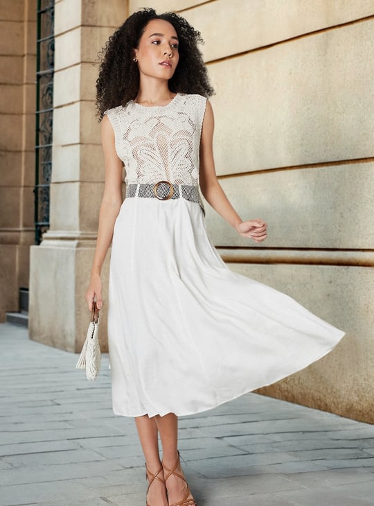 Women Solid A-line Belted Skirt