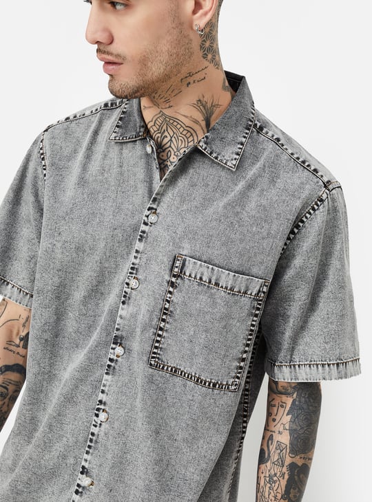 Men Washed Denim Oversized Fit Shirt
