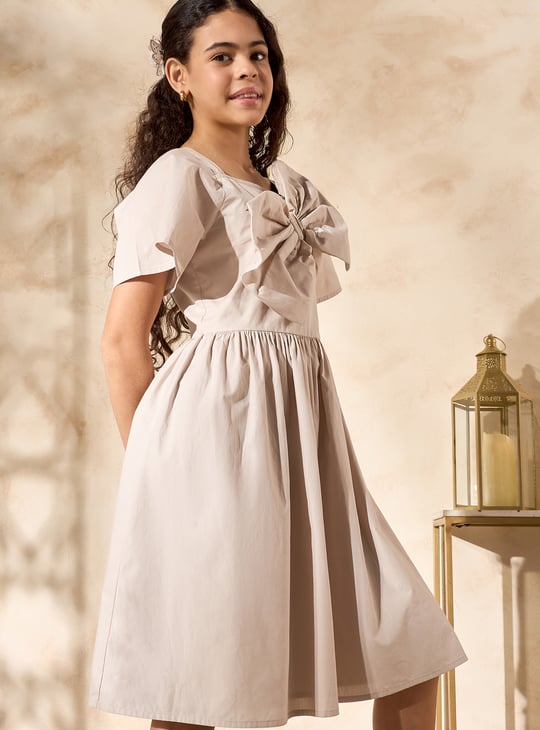 Girls Solid Dress with Front Bow