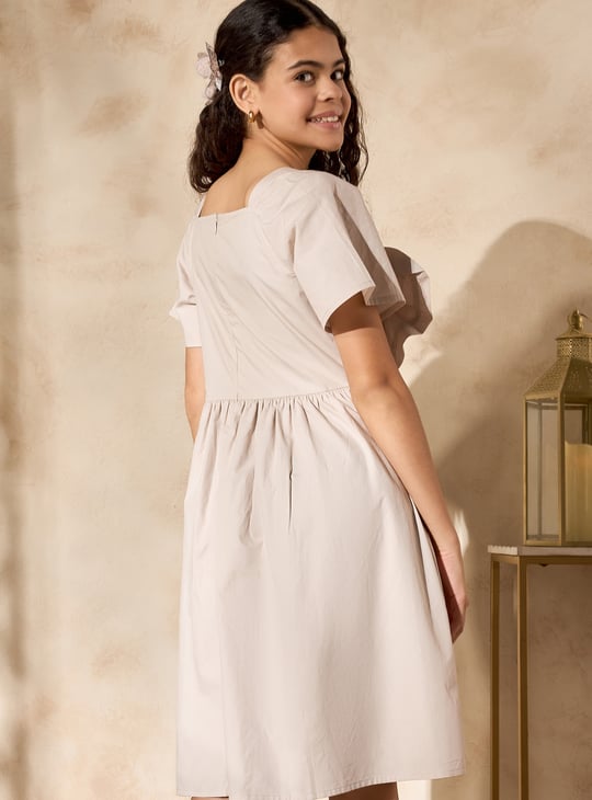 Girls Solid Dress with Front Bow