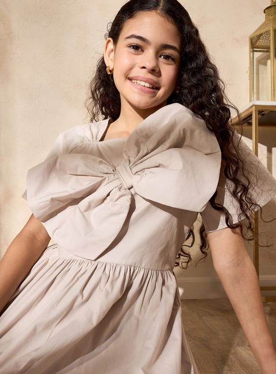 Girls Solid Dress with Front Bow