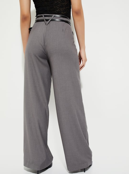 URB_N Women Solid Wide-leg Belted Trousers