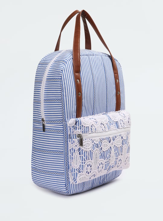 Women Striped Crochet Embroidered Backpack
