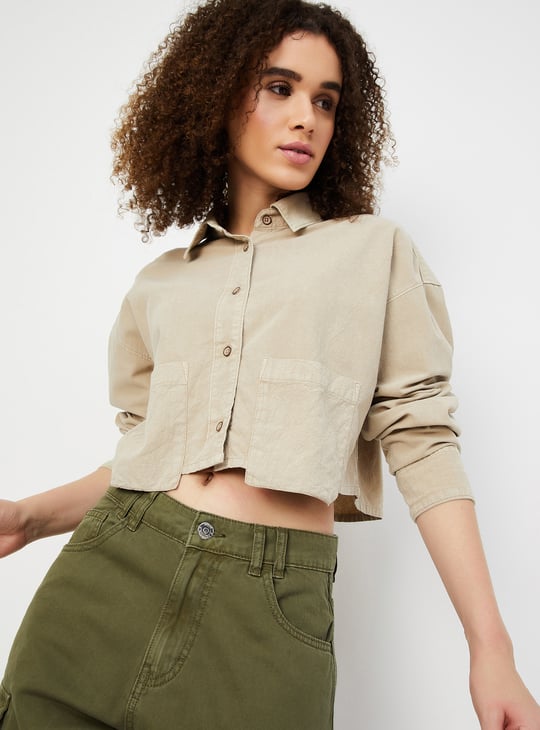 Women Boxy Fit Solid Crop Shirt
