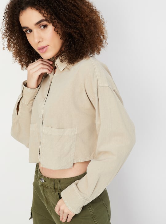 Women Boxy Fit Solid Crop Shirt