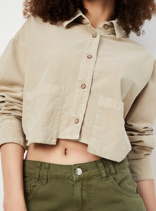 Women Boxy Fit Solid Crop Shirt