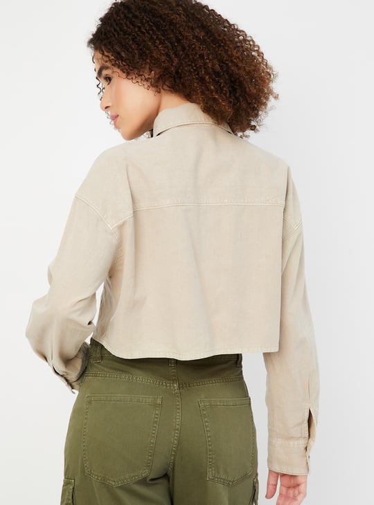 Women Boxy Fit Solid Crop Shirt
