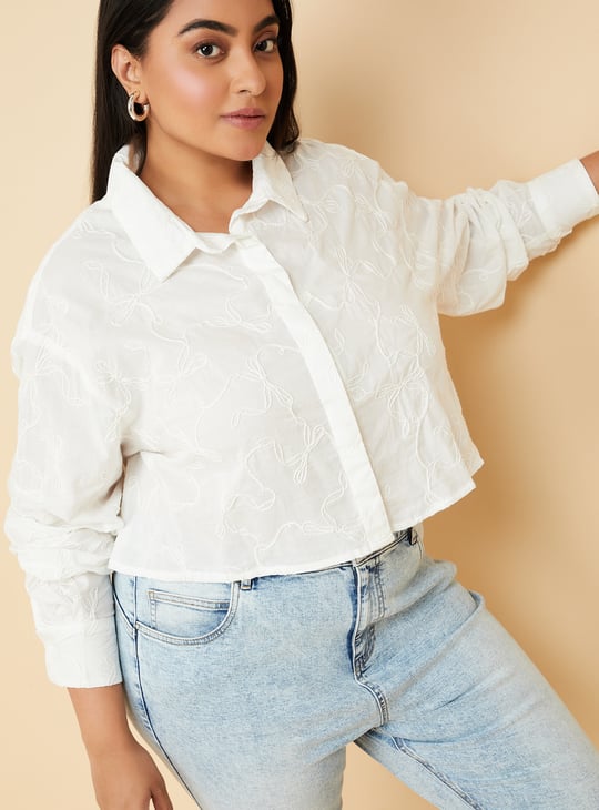Women Embroidered Boxy Fit Crop Shirt
