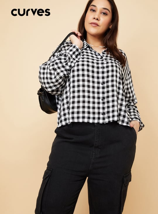 Women Checked Boxy Fit Crop Shirt Checked