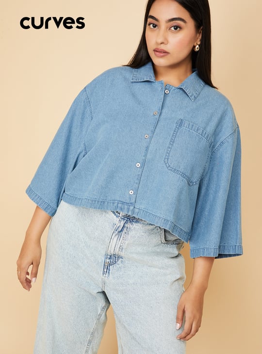 Women Solid Boxy Fit Crop Denim Shirt