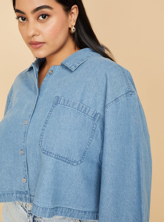 Women Solid Boxy Fit Crop Denim Shirt