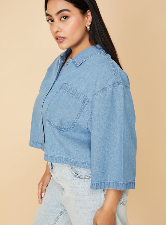 Women Solid Boxy Fit Crop Denim Shirt