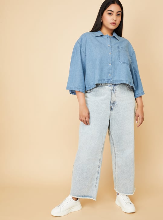 Women Solid Boxy Fit Crop Denim Shirt