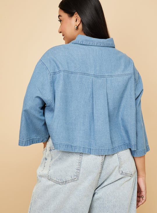 Women Solid Boxy Fit Crop Denim Shirt