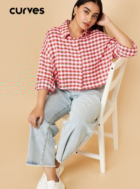 Women Checked Boxy Fit Crop Shirt