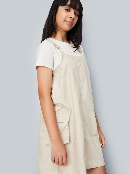 Girls Solid Cargo Pinafore Dress with T-shirt