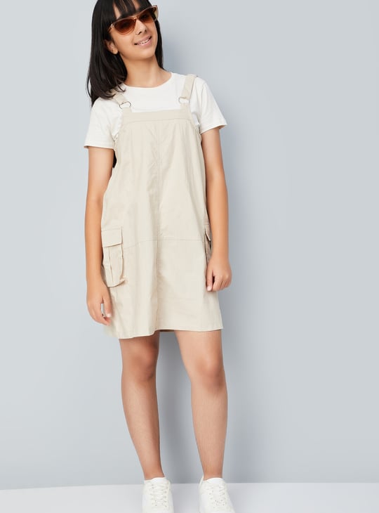 Girls Solid Cargo Pinafore Dress with T-shirt