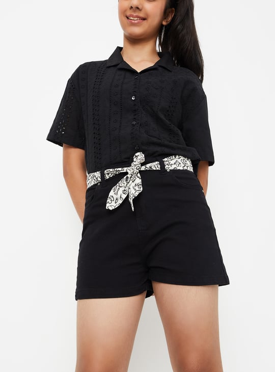 Girls Solid Belted Denim Shorts Black Solid
