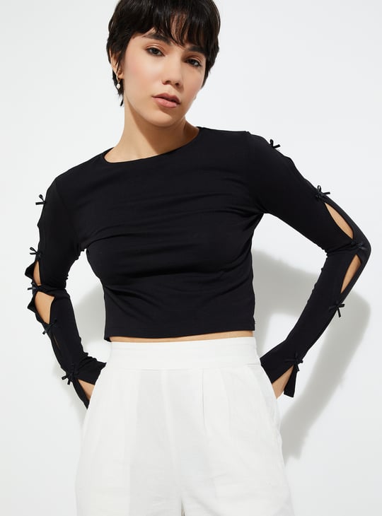 URB_N Women Bow Sleeve Crop Top
