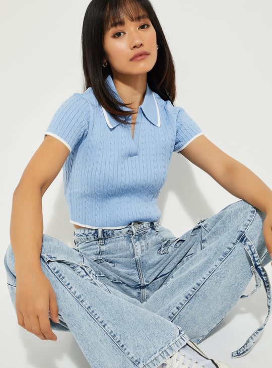 URB_N Women Braided Knit Johnny Collar Crop T-shirt