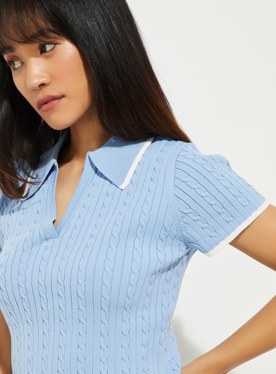 URB_N Women Braided Knit Johnny Collar Crop T-shirt