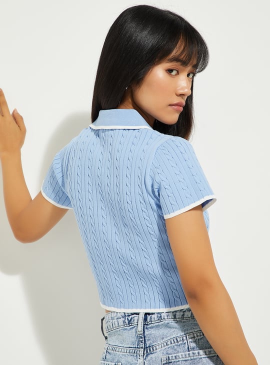 URB_N Women Braided Knit Johnny Collar Crop T-shirt