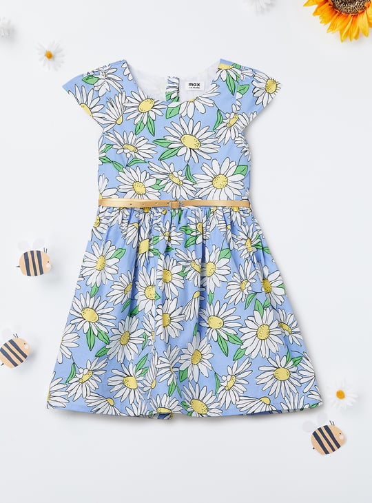 Girls Floral Print Fit and Flare Dress with Belt