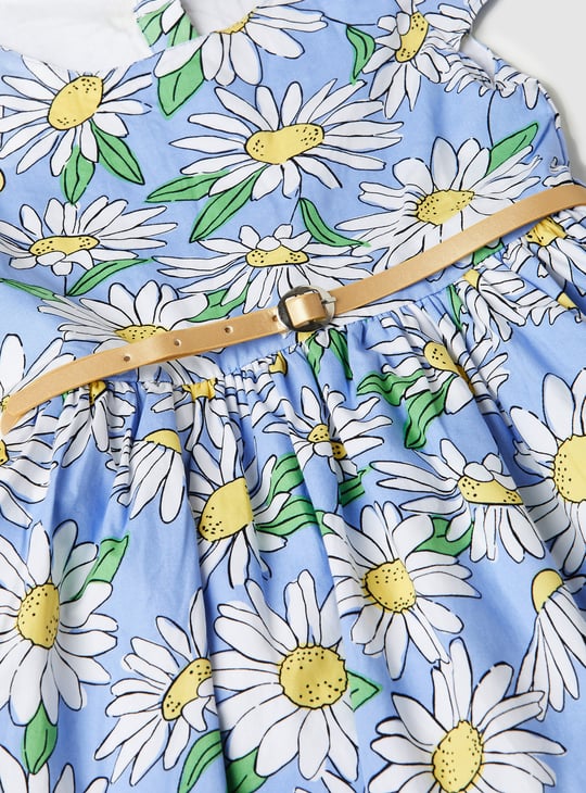 Girls Floral Print Fit and Flare Dress with Belt