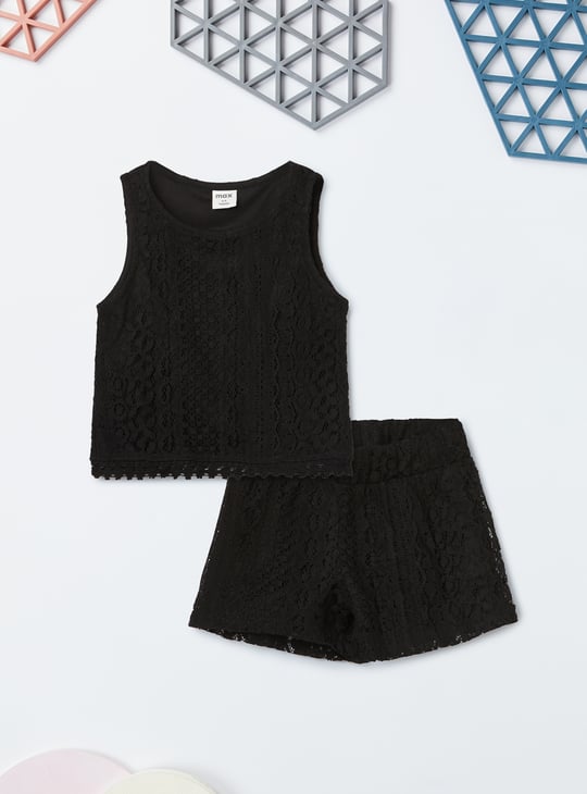 Girls Lace Embroidered Shorts Set