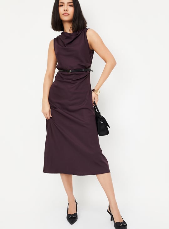 Women Solid Belted Midi Dress