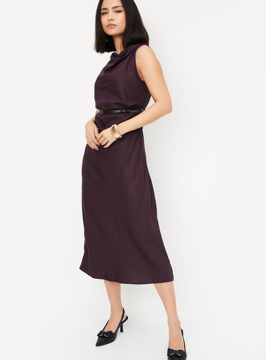 Women Solid Belted Midi Dress