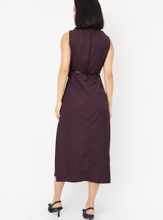 Women Solid Belted Midi Dress