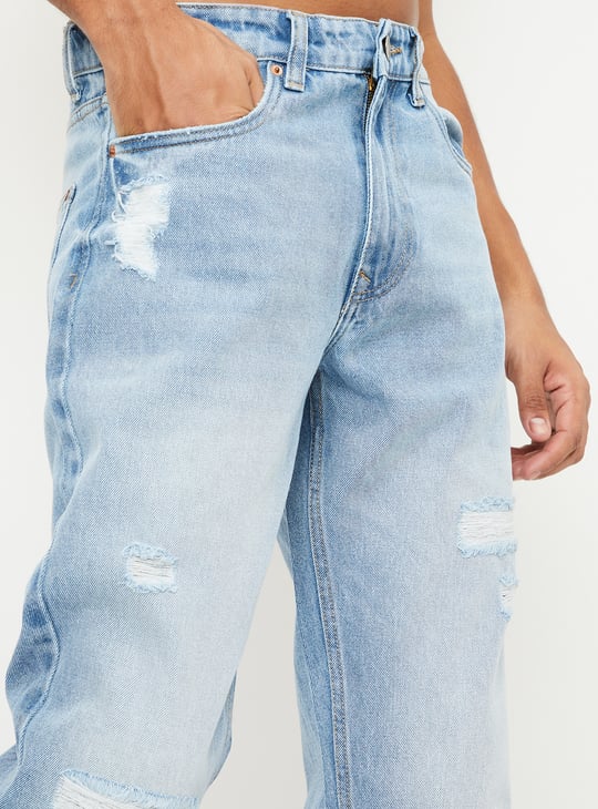 Men Washed Distressed Straight Fit Jeans Blue Jeans