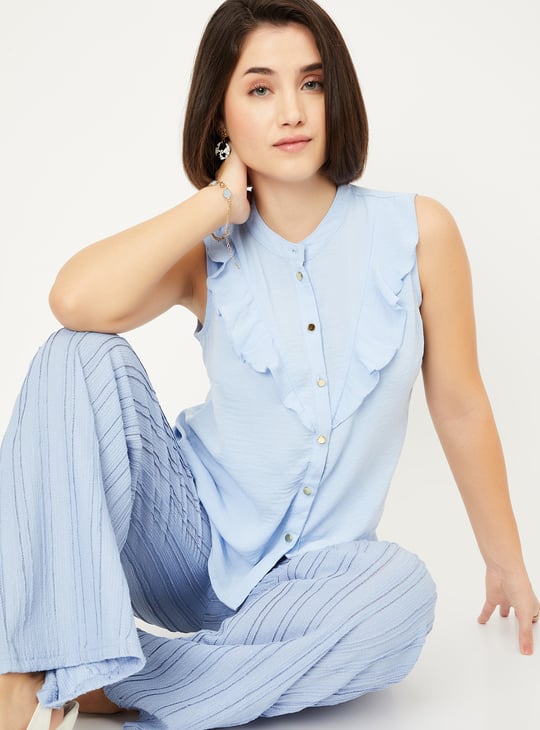 Women Solid Ruffles Shirt-style Top