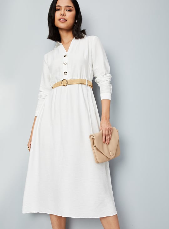 Women Solid A-line Belted Dress