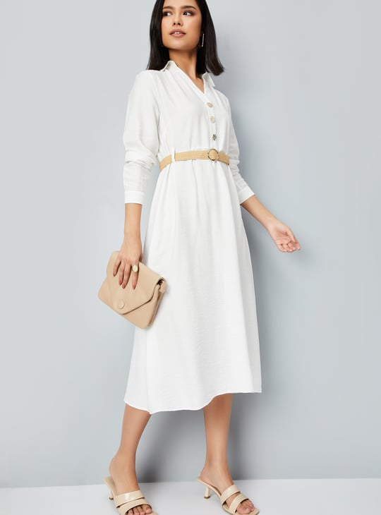 Women Solid A-line Belted Dress
