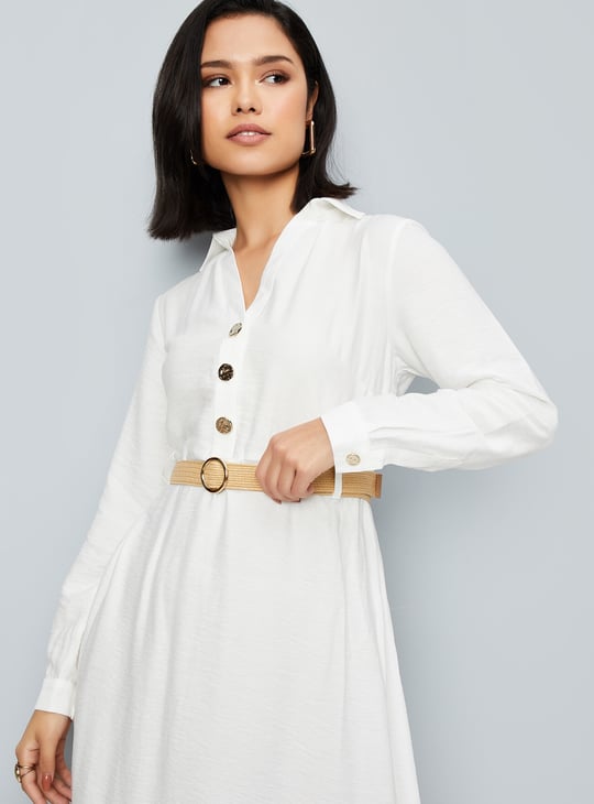 Women Solid A-line Belted Dress