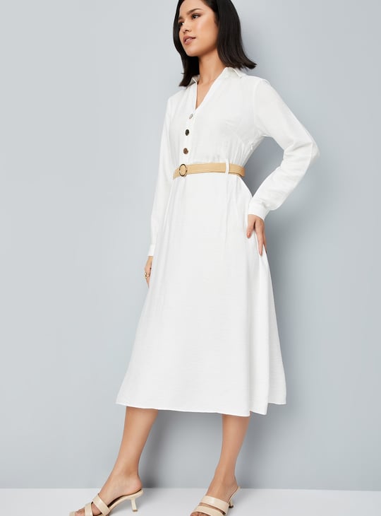 Women Solid A-line Belted Dress