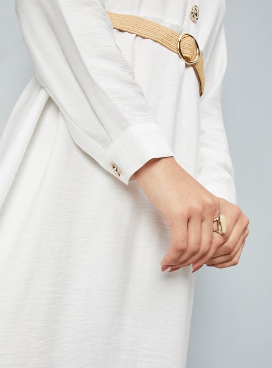 Women Solid A-line Belted Dress