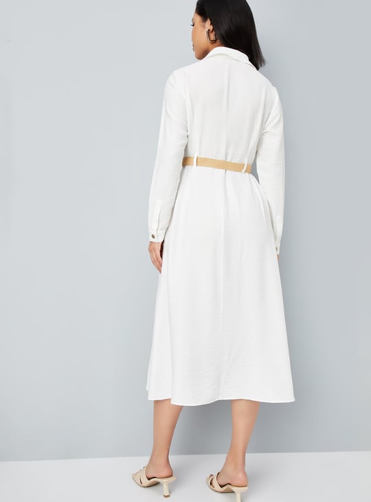 Women Solid A-line Belted Dress