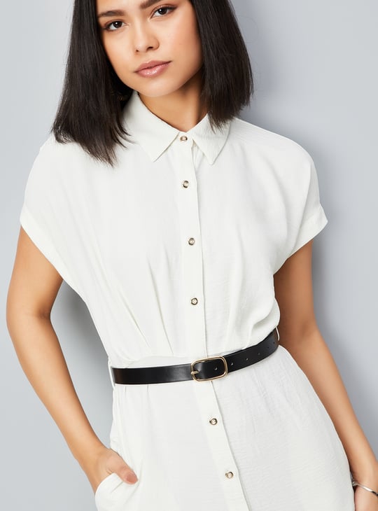 Women Solid Belted Shirt Dress
